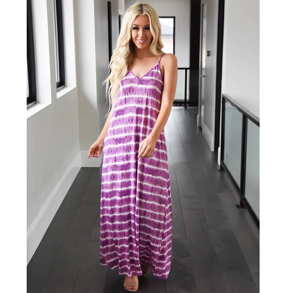 [3Packs] Tie Dye Striped Maxi Dress Purple